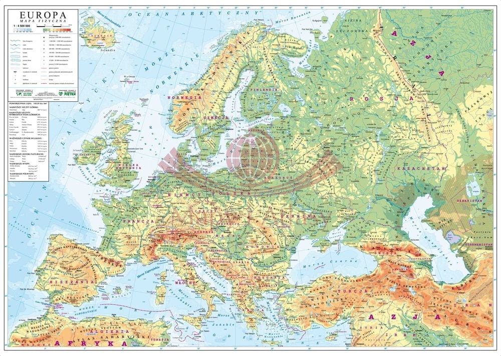 Europa 1:4 500 000. Naklejka, mapa ścienna fizyczna (ogólnogeograficzna)