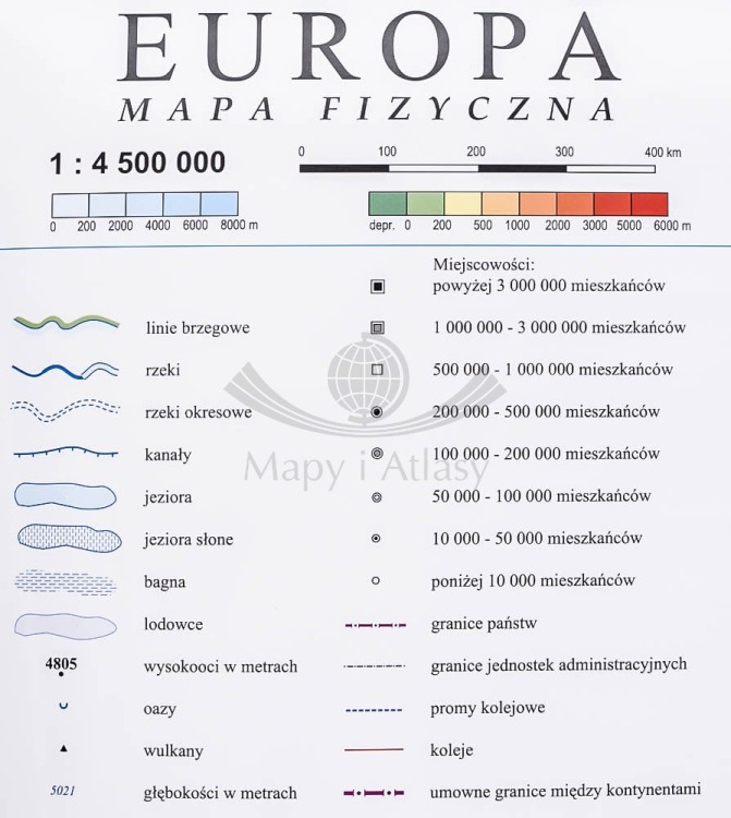 Europa 1:4 500 000. Naklejka, mapa ścienna. Fizyczna (ogólnogeograficzna). Producent: Piętka. Fragment 8