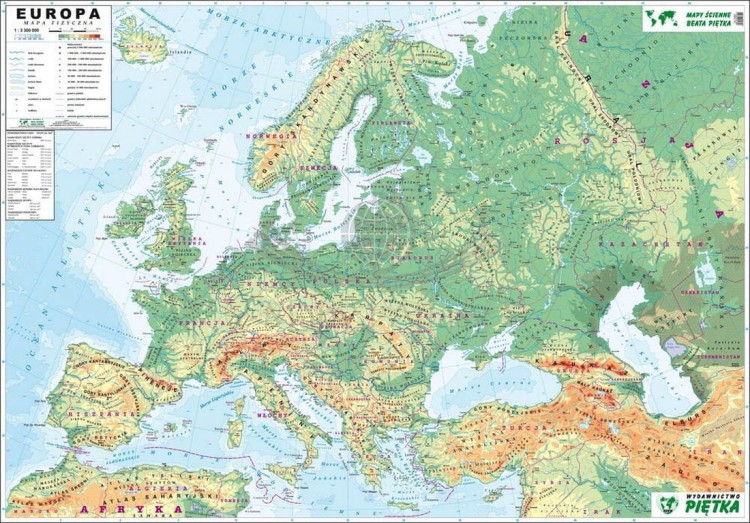 Europa 1:3 300 000. Naklejka, mapa ścienna. Ogólnogeograficzna (fizyczna). Producent: Piętka. Cała Mapa