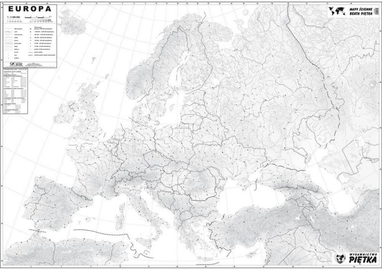 Europa 1:3 300 000. Naklejka, mapa ścienna. Konturowa (do ćwiczeń). Producent: Piętka. Cała mapa
