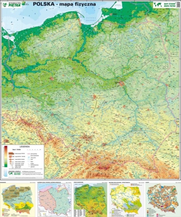 Polska mapa fizyczna 1.750 000 w formie naklejki. Producent. Piętka. Cała mapa