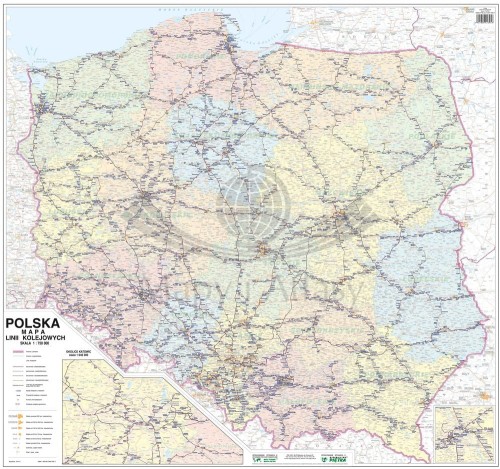 Polska mapa lini kolejowych w formie naklejki. Skala 1:750 000. Producent: Piętka. Całośc