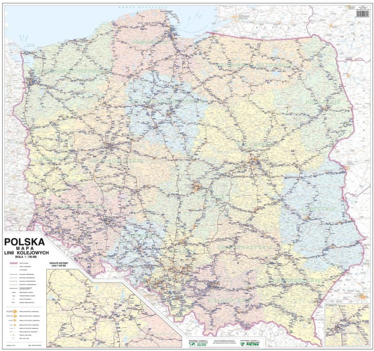 Polska mapa lini kolejowych w formie naklejki. Skala 1:750 000. Producent: Piętka. Całośc