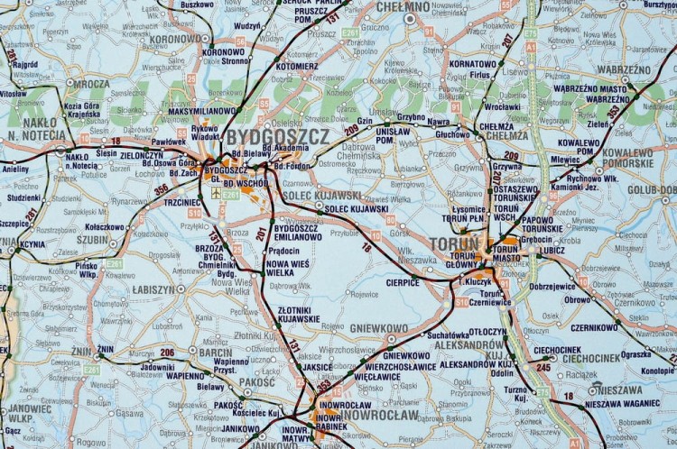 Polska mapa lini kolejowych w formie naklejki. Skala 1:750 000. Producent: Piętka. Fragment 2