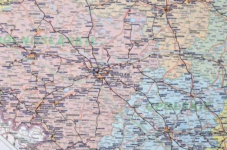 Polska mapa lini kolejowych w formie naklejki. Skala 1:750 000. Producent: Piętka. Fragment 5