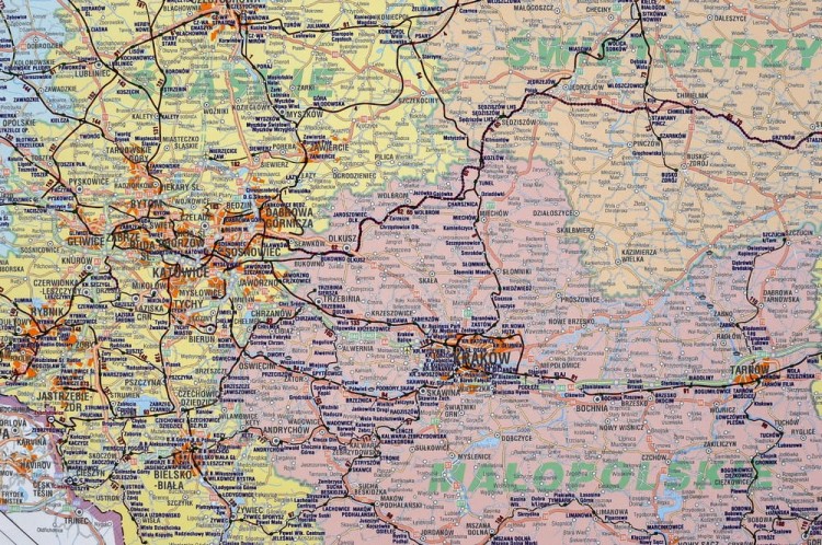 Polska mapa lini kolejowych w formie naklejki. Skala 1:750 000. Producent: Piętka. Fragment 6