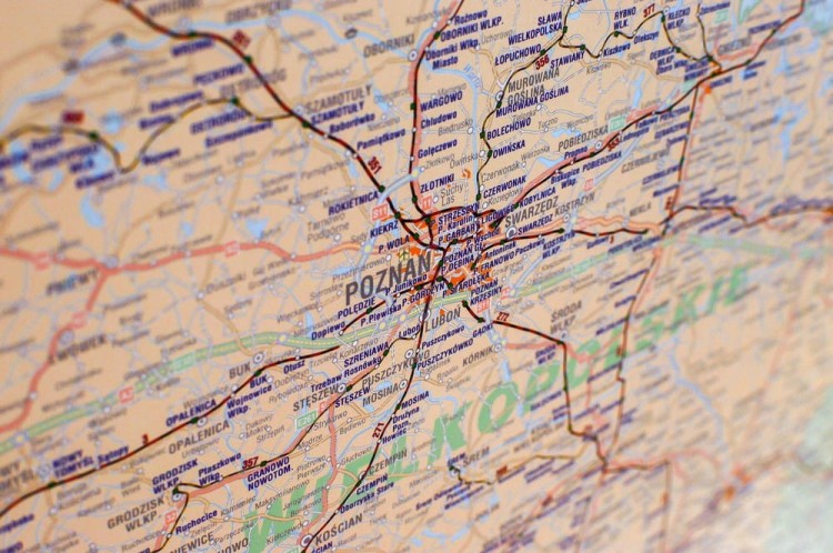 Polska mapa lini kolejowych w formie naklejki. Skala 1:750 000. Producent: Piętka. Fragment 8