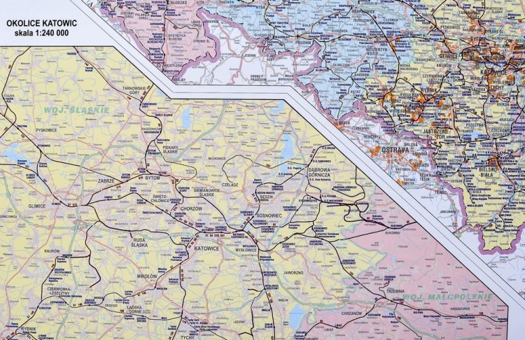 Polska mapa lini kolejowych w formie naklejki. Skala 1:750 000. Producent: Piętka. Fragment 9