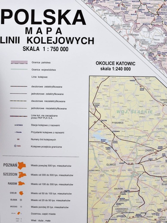 Polska mapa lini kolejowych w formie naklejki. Skala 1:750 000. Producent: Piętka. Fragment 11