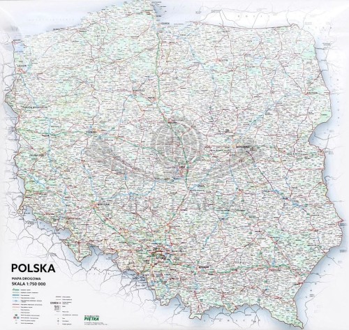 Polska mapa ścienna drogowa. Skala 1:750 000 Producent: Piętka.  Cała