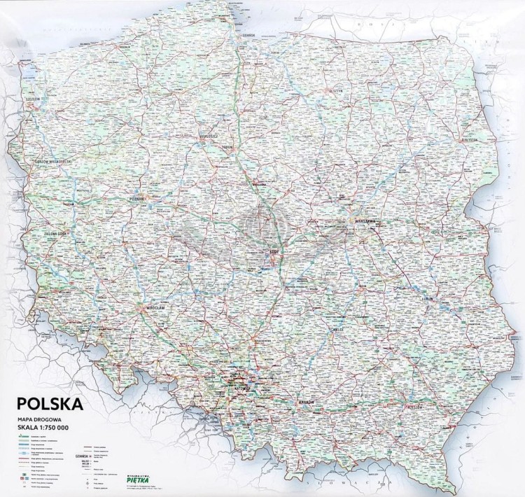 Polska mapa ścienna drogowa. Skala 1:750 000 Producent: Piętka.  Cała