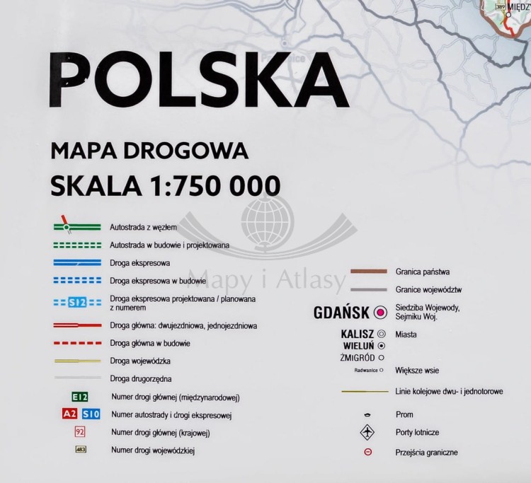 Polska mapa ścienna  drogowa. Skala 1:750 000 Producent: Piętka.  Fragment 1