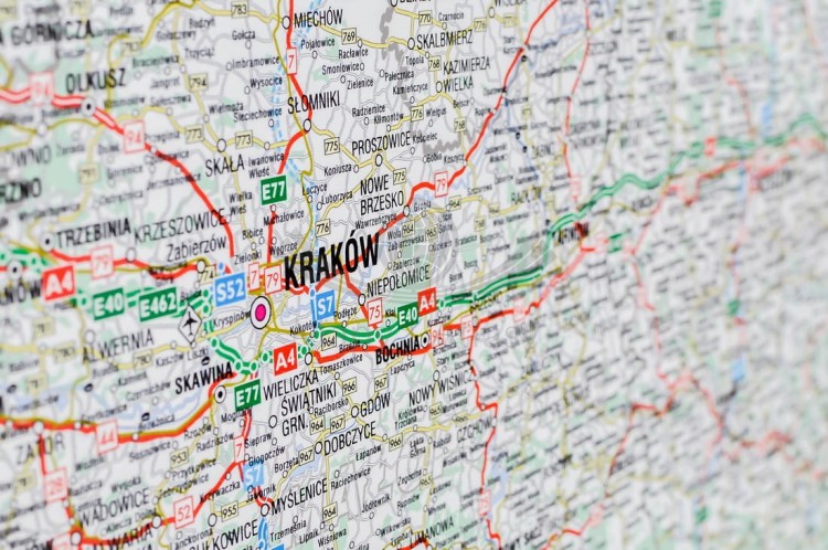 Polska mapa ścienna  drogowa. Skala 1:750 000 Producent: Piętka.  Fragment 5