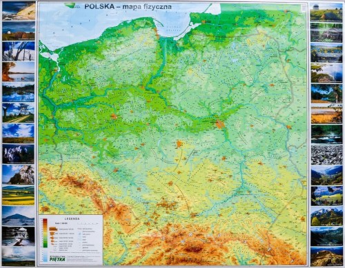Polska mapa fizyczna, geograficzna w formie naklejki. Wersja STRONG. Skala 1:500 000 Producent: Piętka. Cała mapa