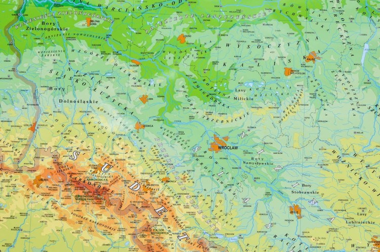 Polska mapa fizyczna, geograficzna w formie naklejki. Wersja STRONG. Skala 1:500 000 Producent: Piętka.Fragment 9