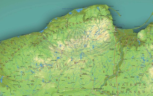 Polska mapa fizyczna z efektem 3D w formie naklejki. Wersja STRONG. Skala 1:750 000 Producent: Piętka. Fragment 1