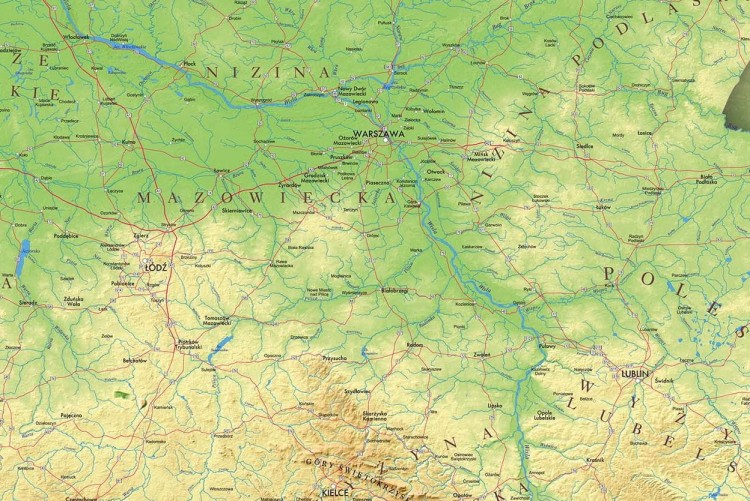 Polska mapa fizyczna z efektem 3D w formie naklejki. Wersja STRONG. Skala 1:750 000 Producent: Piętka. Fragment 2