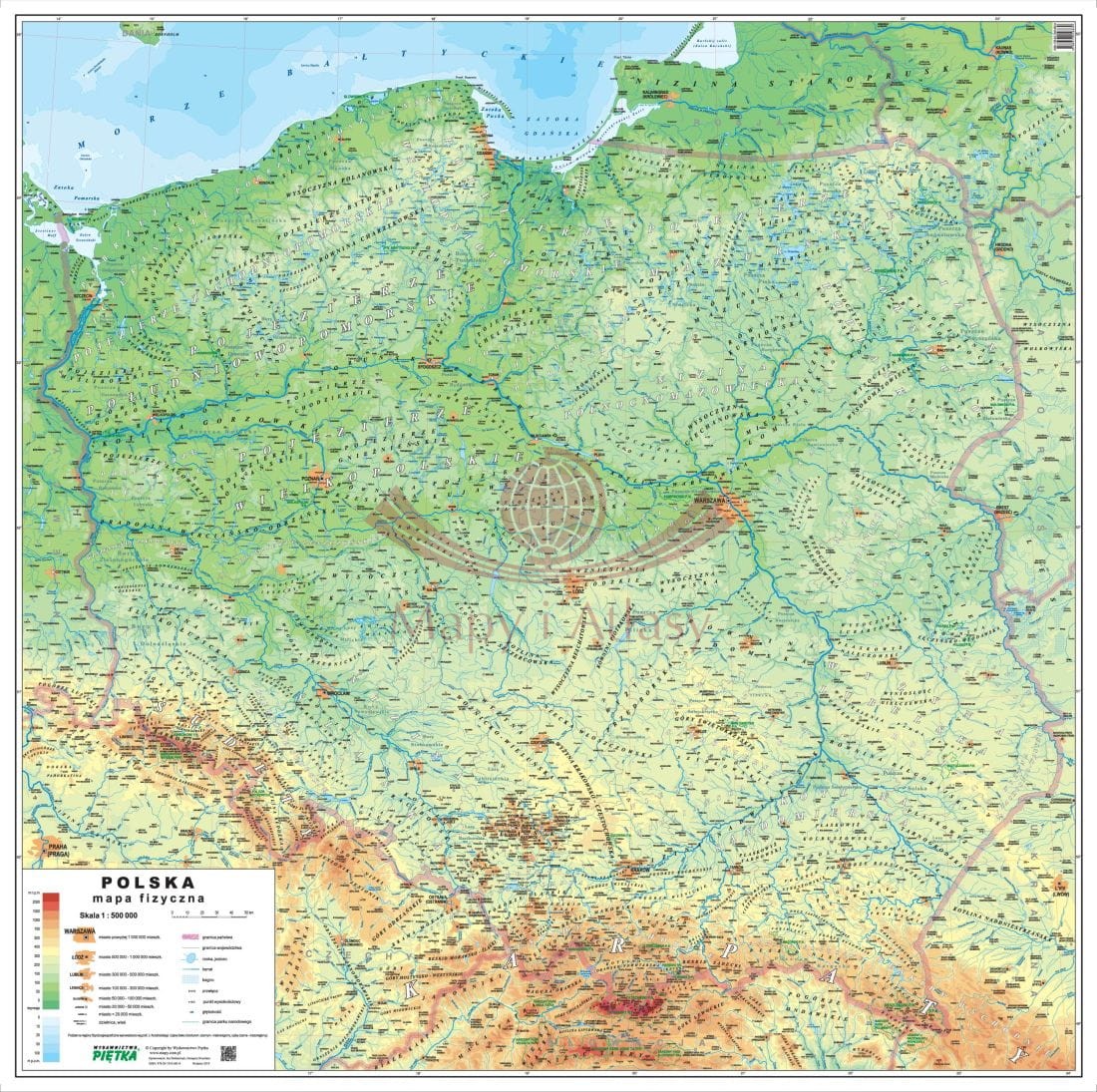 Polska 1:500 000. Naklejka mapa ścienna fizyczna