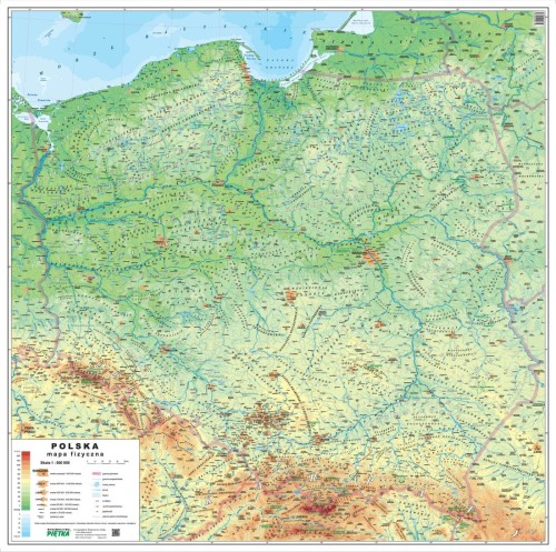 Polska mapa ścienna fizyczna w formie naklejki. Skala 1:500 000. Producent: Piętka. Cała mapa