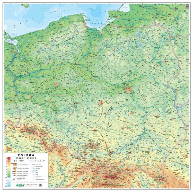 Polska mapa ścienna fizyczna w formie naklejki. Skala 1:500 000. Producent: Piętka. Cała mapa