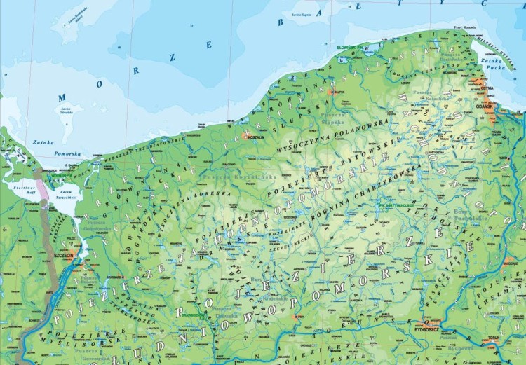 Polska mapa ścienna fizyczna w formie naklejki. Skala 1:500 000. Producent: Piętka. Fragment 1