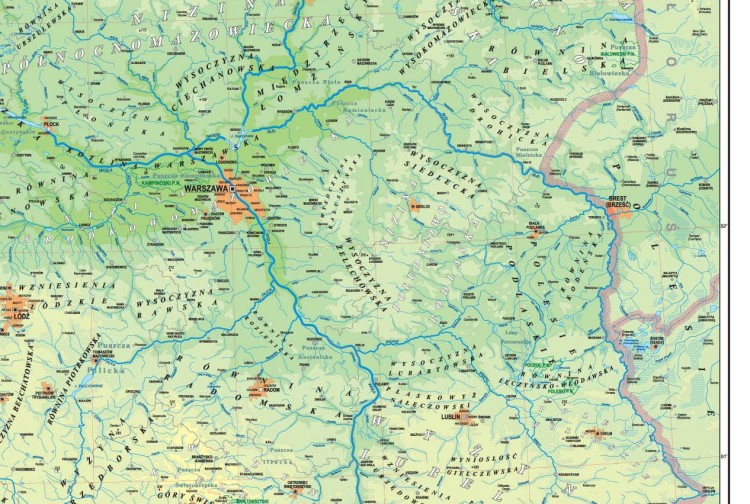 Polska mapa ścienna fizyczna w formie naklejki. Skala 1:500 000. Producent: Piętka. Fragment 2