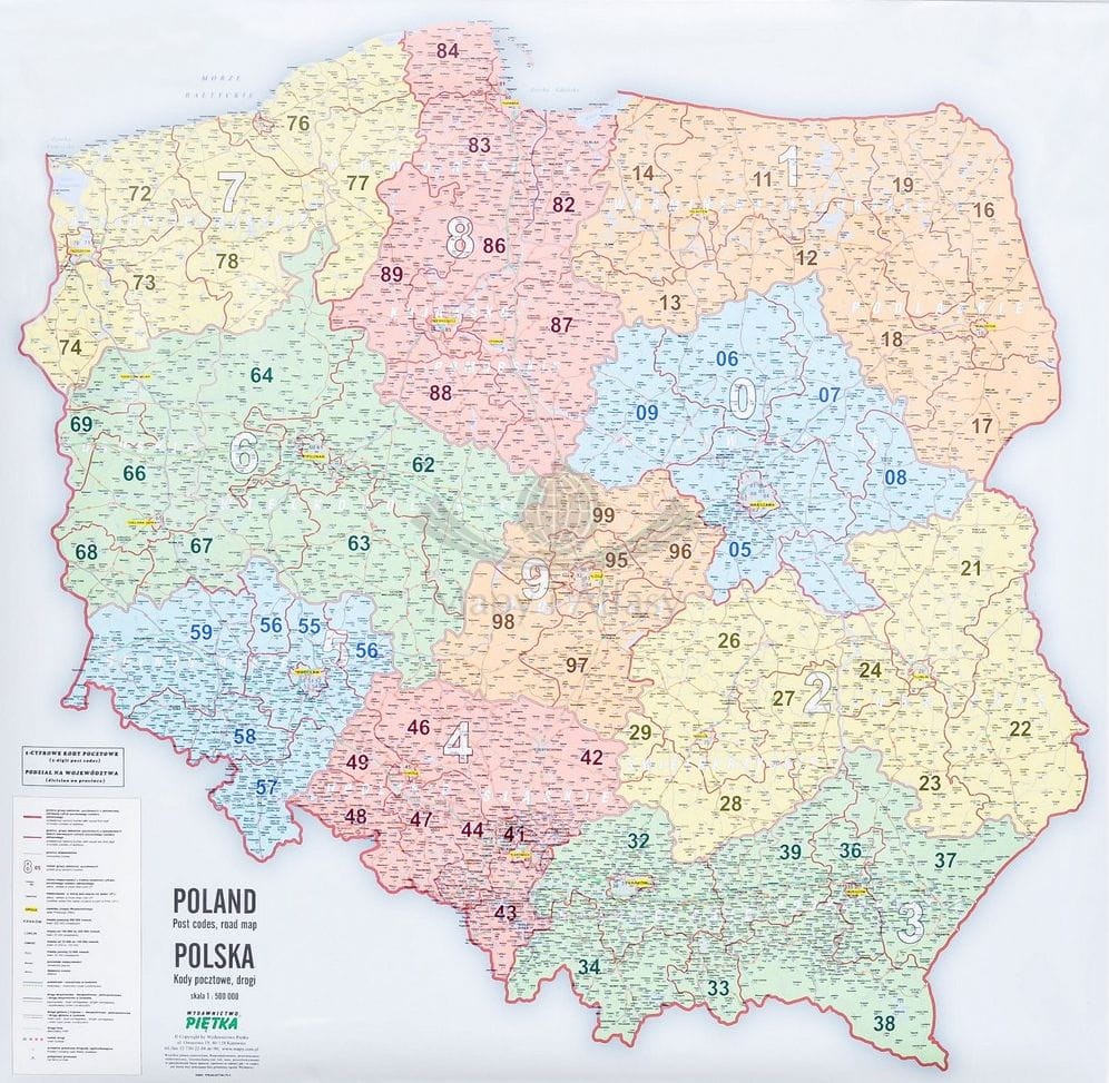 Polska 1:500 000. Naklejka, mapa ścienna samochodowa z kodami pocztowymi