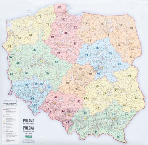 Polska mapa ścienna samochodowa z kodami pocztowymi w formie naklejki. Skala 1:500 000. Producent: Piętka. Cała mapa