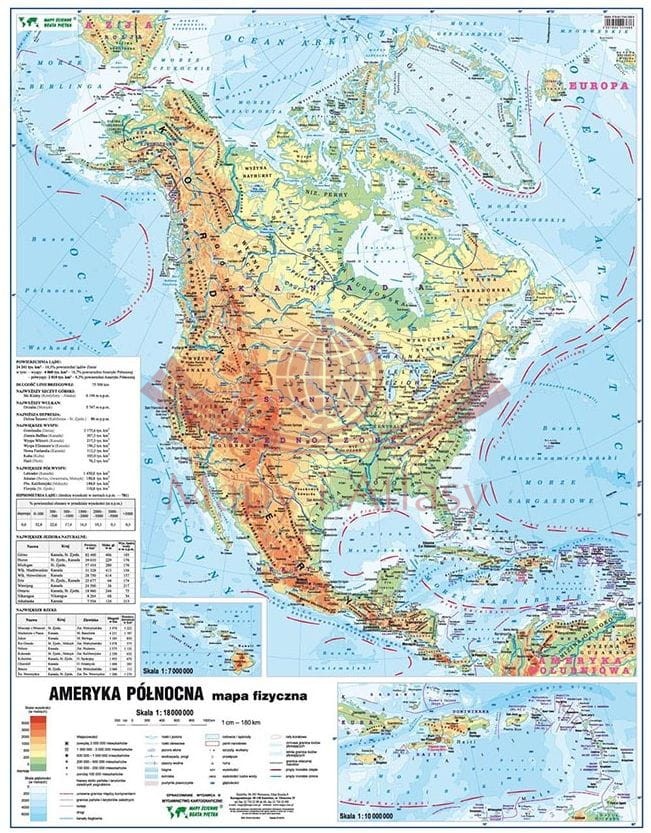 Ameryka Północna. Naklejka, mapa ścienna fizyczna MIDI.
