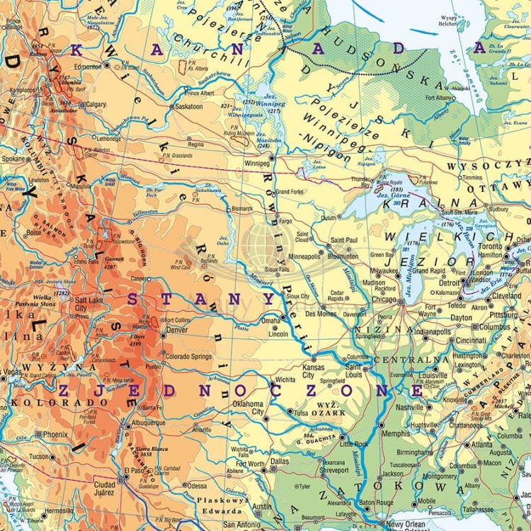 Ameryka Północna. Naklejka, mapa ścienna MIDI. Fizyczna. Producent: Piętka. Fragment 1