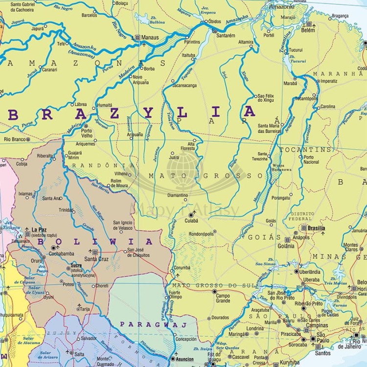 Ameryka Południowa. Naklejka, mapa ścienna MIDI. Polityczna. Producent: Piętka. Fragment 1