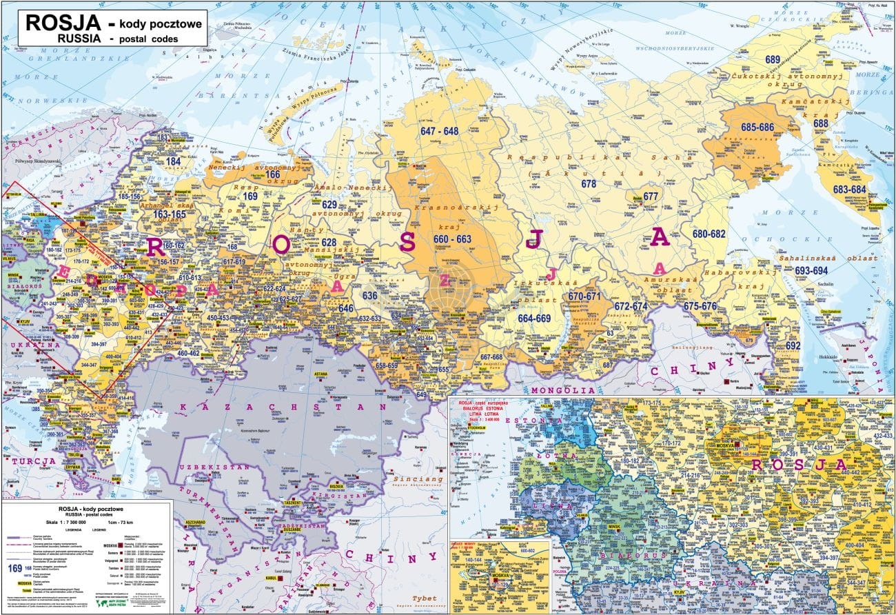 Rosja 1:7 300 000. Naklejka, mapa ścienna. Kody pocztowe