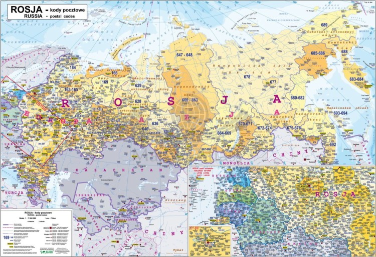 Rosja 1:7 300 000. Naklejka, mapa ścienna. Kody pocztowe. Producent: Piętka. Cała mapa