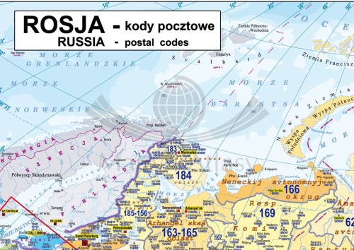 Rosja 1:7 300 000. Naklejka, mapa ścienna. Kody pocztowe. Producent: Piętka. Fragment 1