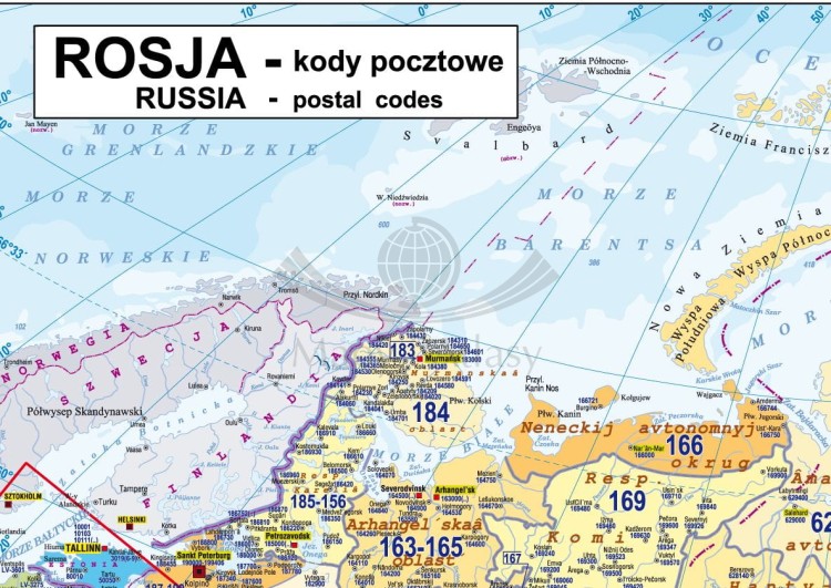 Rosja 1:7 300 000. Naklejka, mapa ścienna. Kody pocztowe. Producent: Piętka. Fragment 1