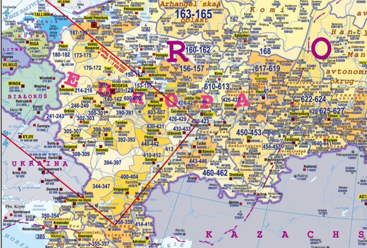 Rosja 1:7 300 000. Naklejka, mapa ścienna. Kody pocztowe. Producent: Piętka. Fragment 2