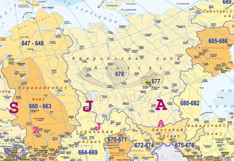 Rosja 1:7 300 000. Naklejka, mapa ścienna. Kody pocztowe. Producent: Piętka. Fragment 3