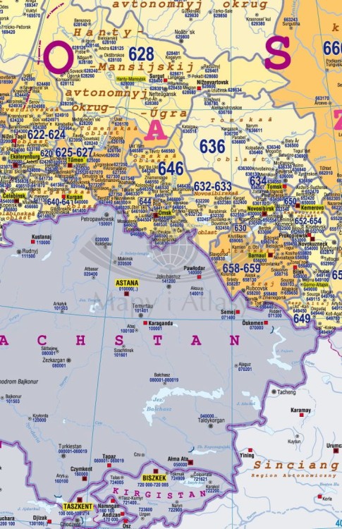 Rosja 1:7 300 000. Naklejka, mapa ścienna. Kody pocztowe. Producent: Piętka. Fragment 4
