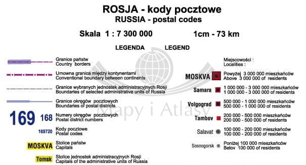 Rosja 1:7 300 000. Naklejka, mapa ścienna. Kody pocztowe. Producent: Piętka. Legenda