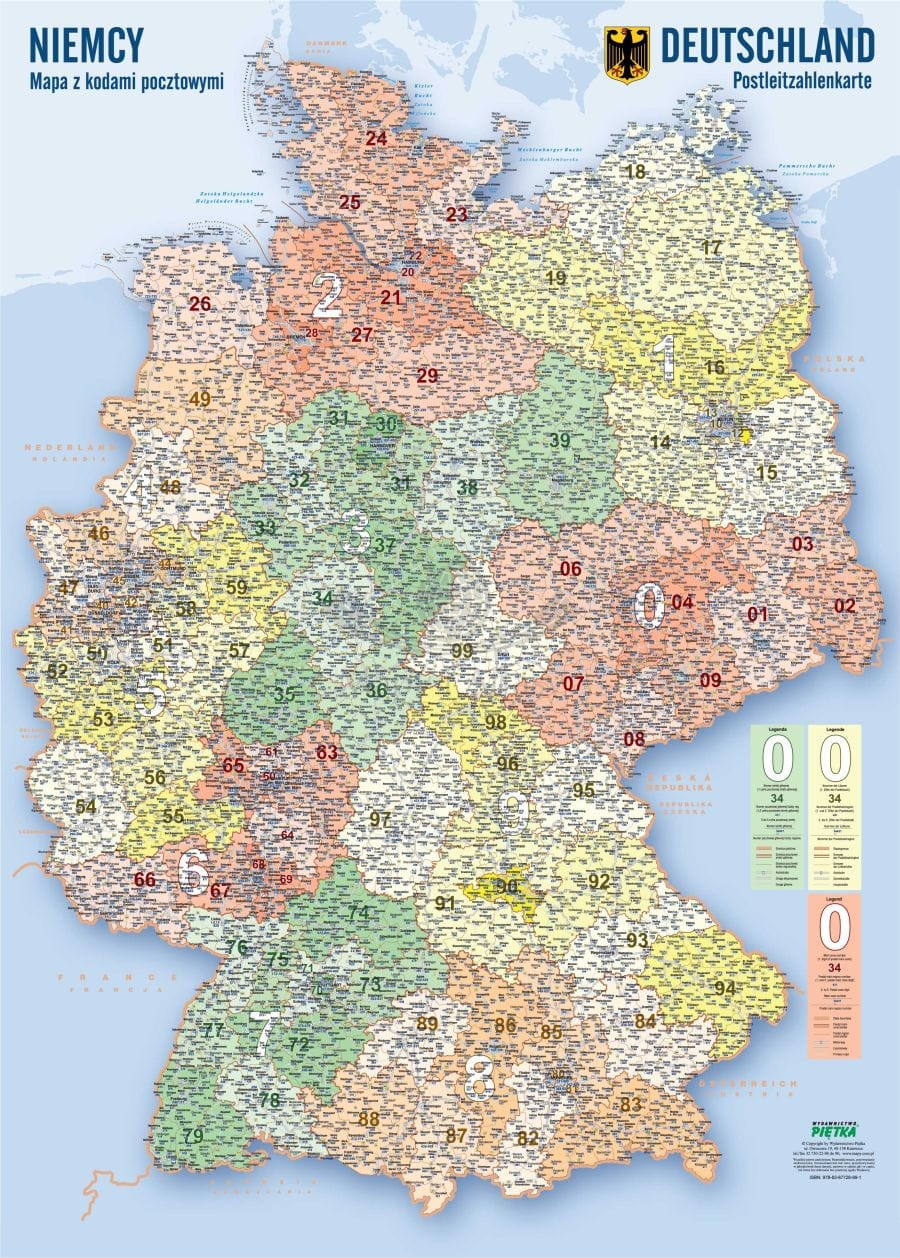 Niemcy 1:730 000. Naklejka, mapa ścienna kodowo-drogowa