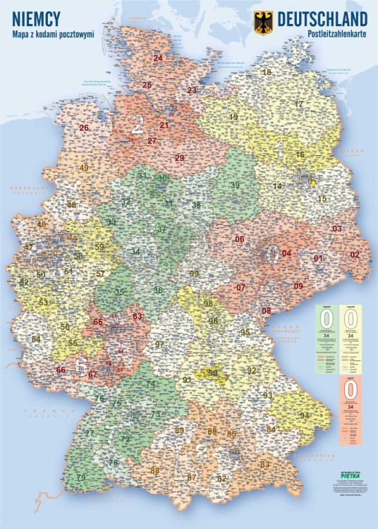 Niemcy 1:730 000. Naklejka, mapa ścienna kodowo-drogowa. Producent: Piętka. Cała mapa