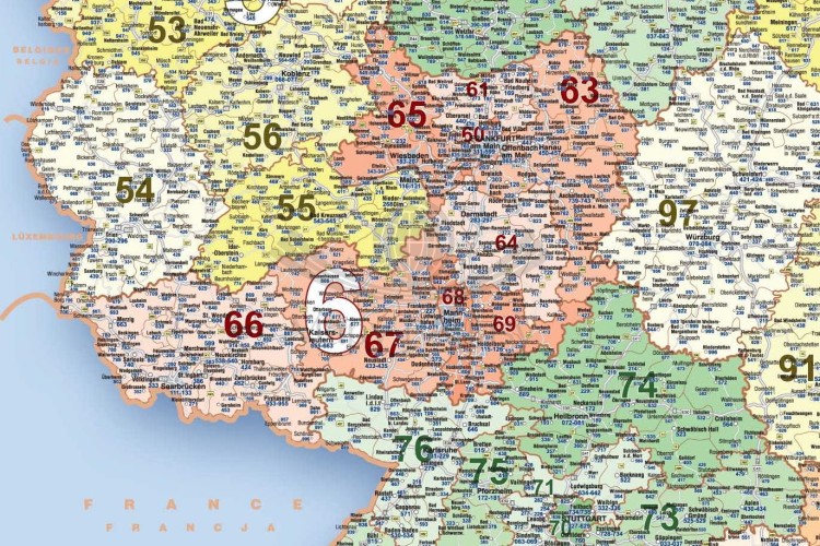 Niemcy 1:730 000. Naklejka, mapa ścienna kodowo-drogowa. Producent: Piętka. Fragment 3