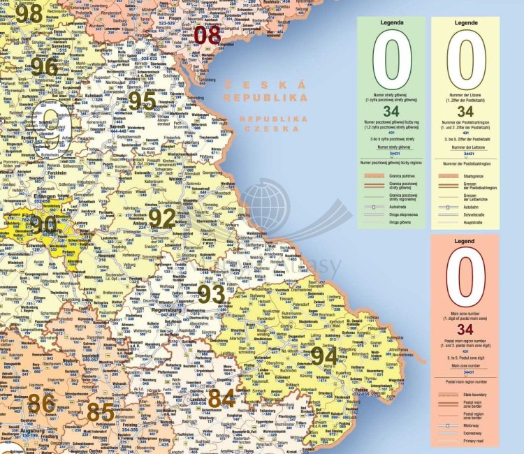 Niemcy 1:730 000. Naklejka, mapa ścienna kodowo-drogowa. Producent: Piętka. Fragment 4