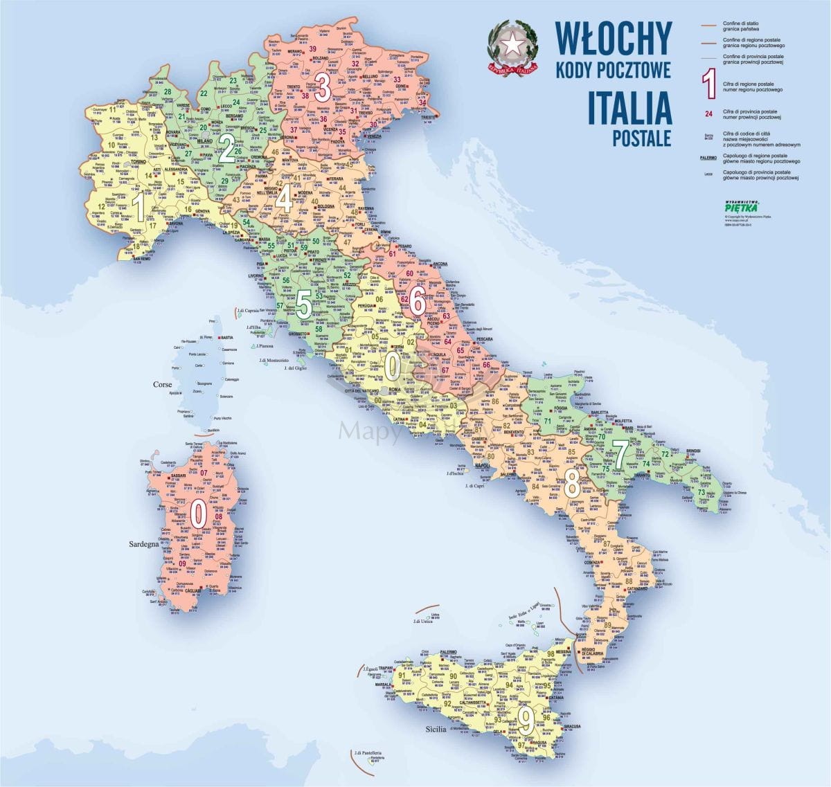 Włochy 1:1 500 000. Naklejka, mapa ścienna. Kody pocztowe