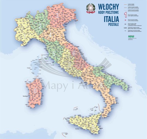 Włochy 1:1 500 000. Naklejka, mapa ścienna. Kody pocztowe. Producent: Piętka. Cała mapa