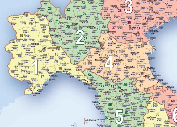 Włochy 1:1 500 000. Naklejka, mapa ścienna. Kody pocztowe. Producent: Piętka. Fragment 1