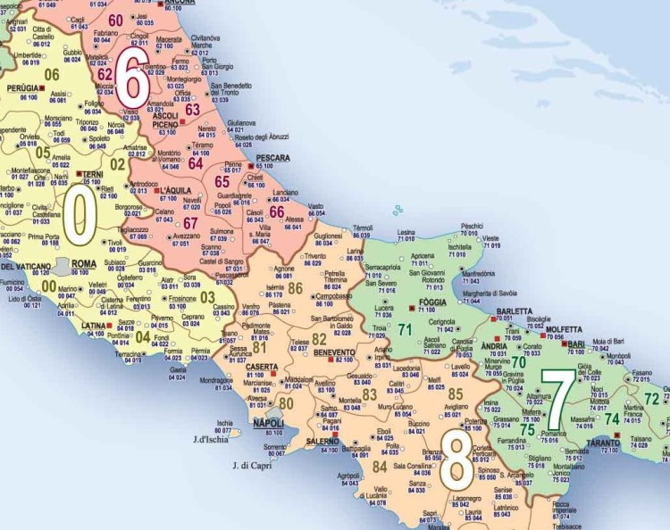 Włochy 1:1 500 000. Naklejka, mapa ścienna. Kody pocztowe. Producent: Piętka. Fragment 2