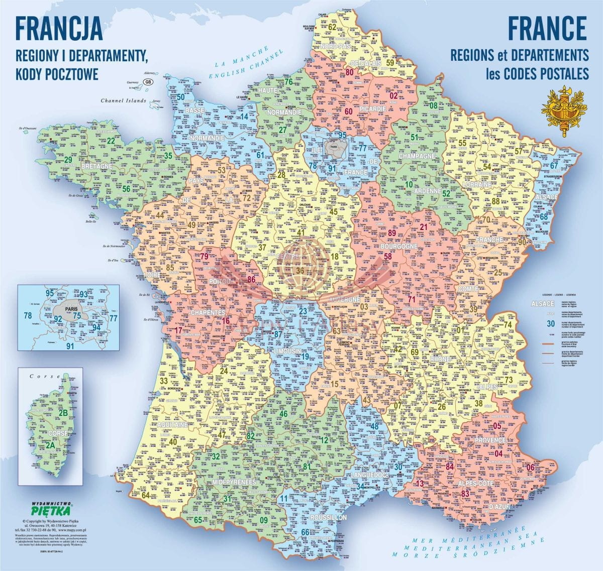 Francja 1:1 300 000. Naklejka, mapa ścienna. Kody pocztowe
