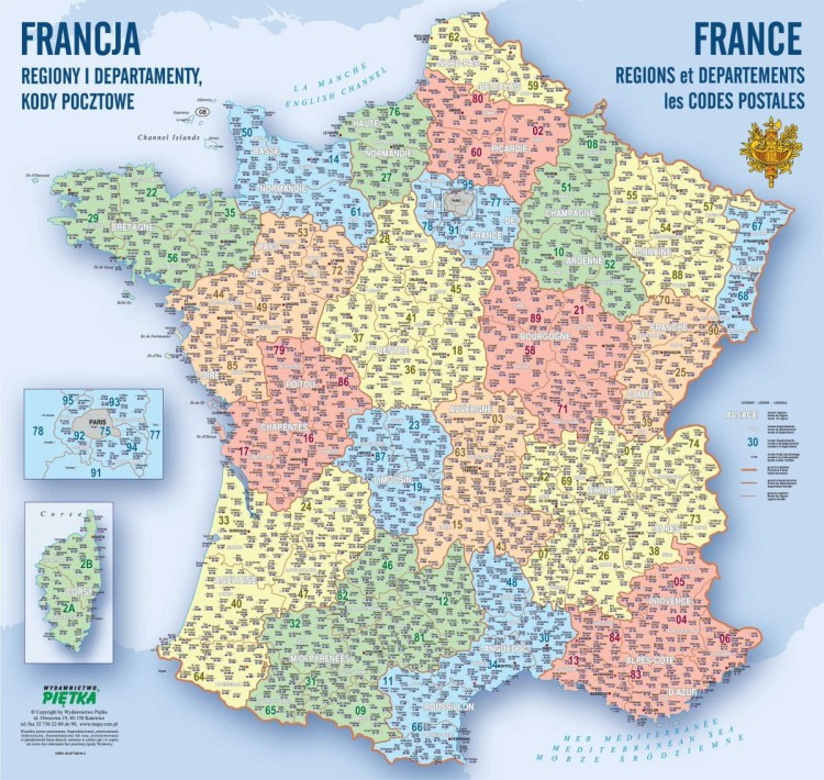 Francja 1:1 300 000. Naklejka, mapa ścienna. Kody pocztowe. Producent: Piętka. Cała mapa