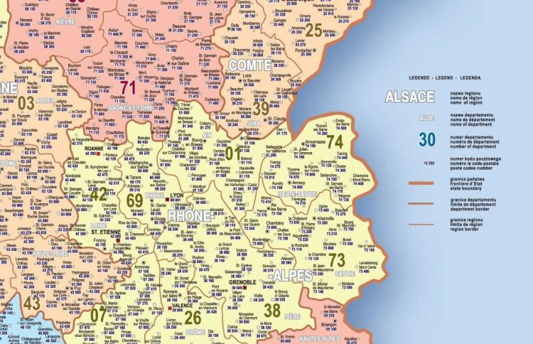 Francja 1:1 300 000. Naklejka, mapa ścienna. Kody pocztowe. Producent: Piętka. Fragment 3